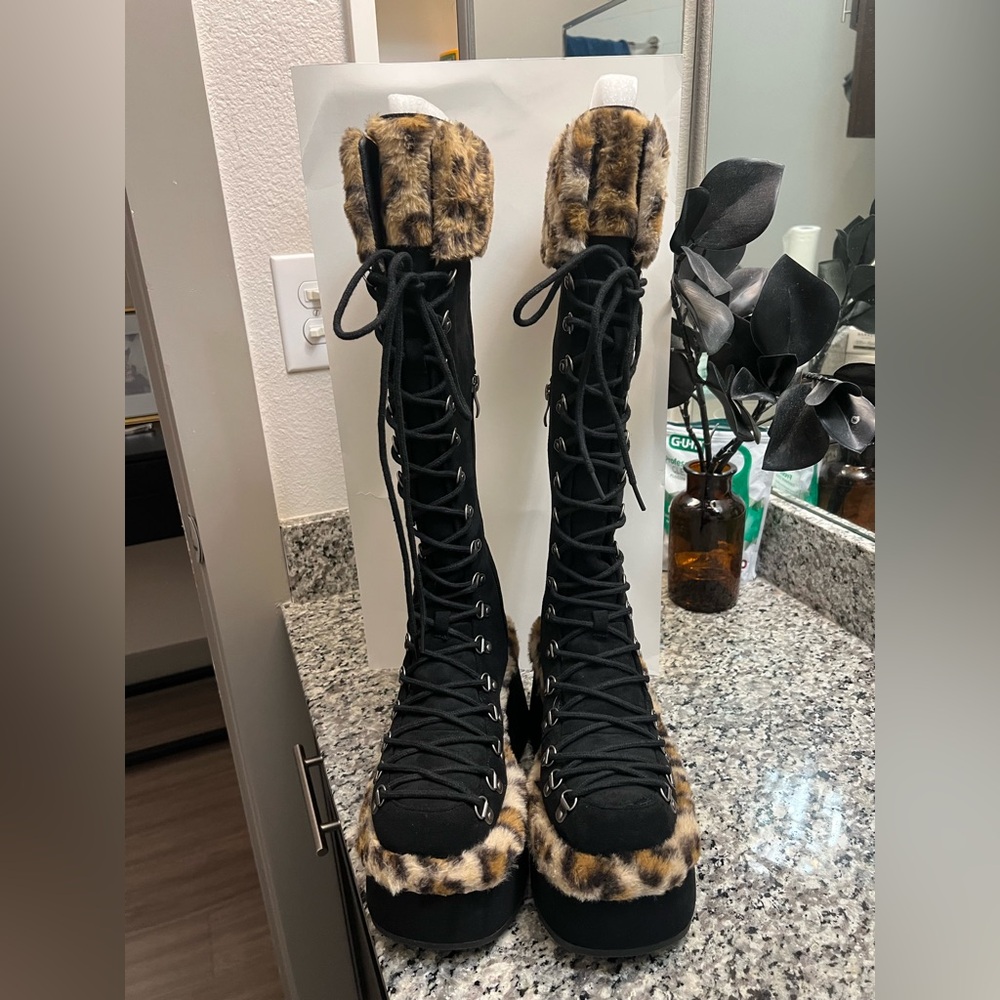 Dolls Kill Black Lace-Up Boots with Leopard Trim - Picture 2 of 4